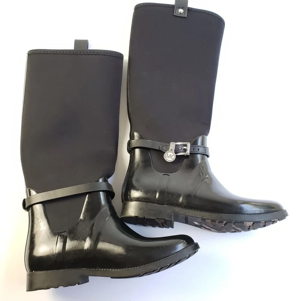 Michael Kors Black Rubber Tall Rain Boots Pull On Logo Charm Detail - Picture 9 of 15